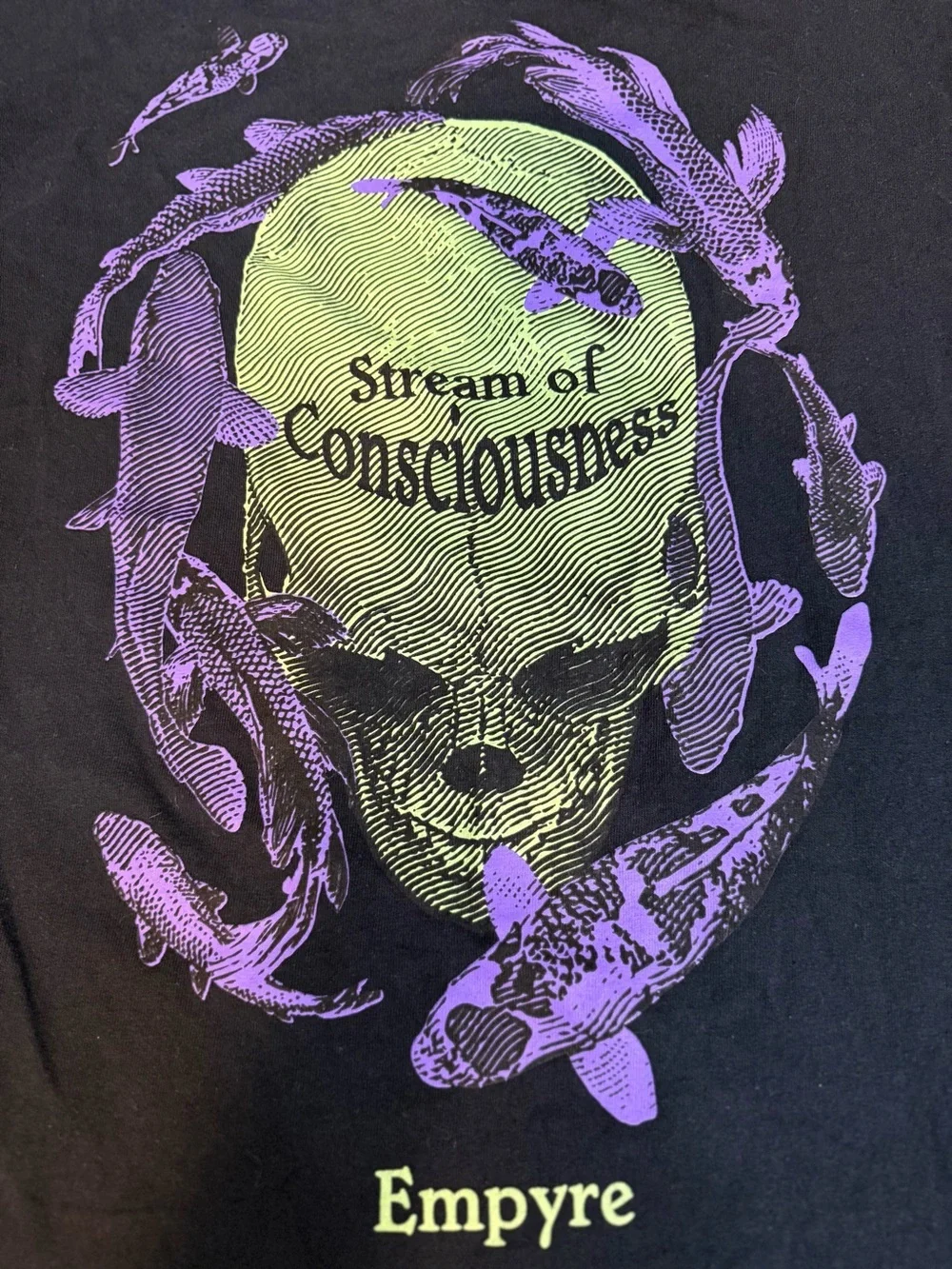 Empyre Stream of Consciousness Koi Fish Skull Graphic Tee Black Size Large